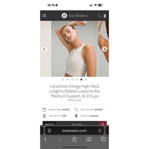 Lululemon Size 12 Energy High Neck Bra Longline Ribbed White Ivory